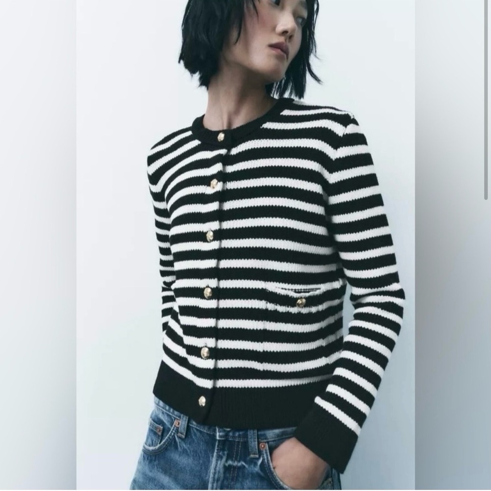 ZARA Nautical Striped Cardigan ⚓️ Black & Cream | Gold Anchor Buttons | Size M